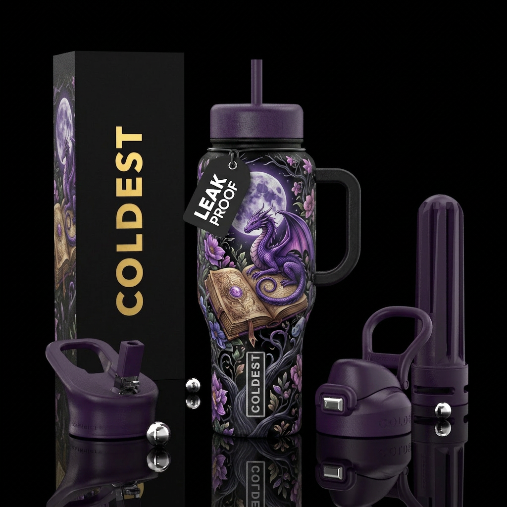 Purple moon dragon water bottle design