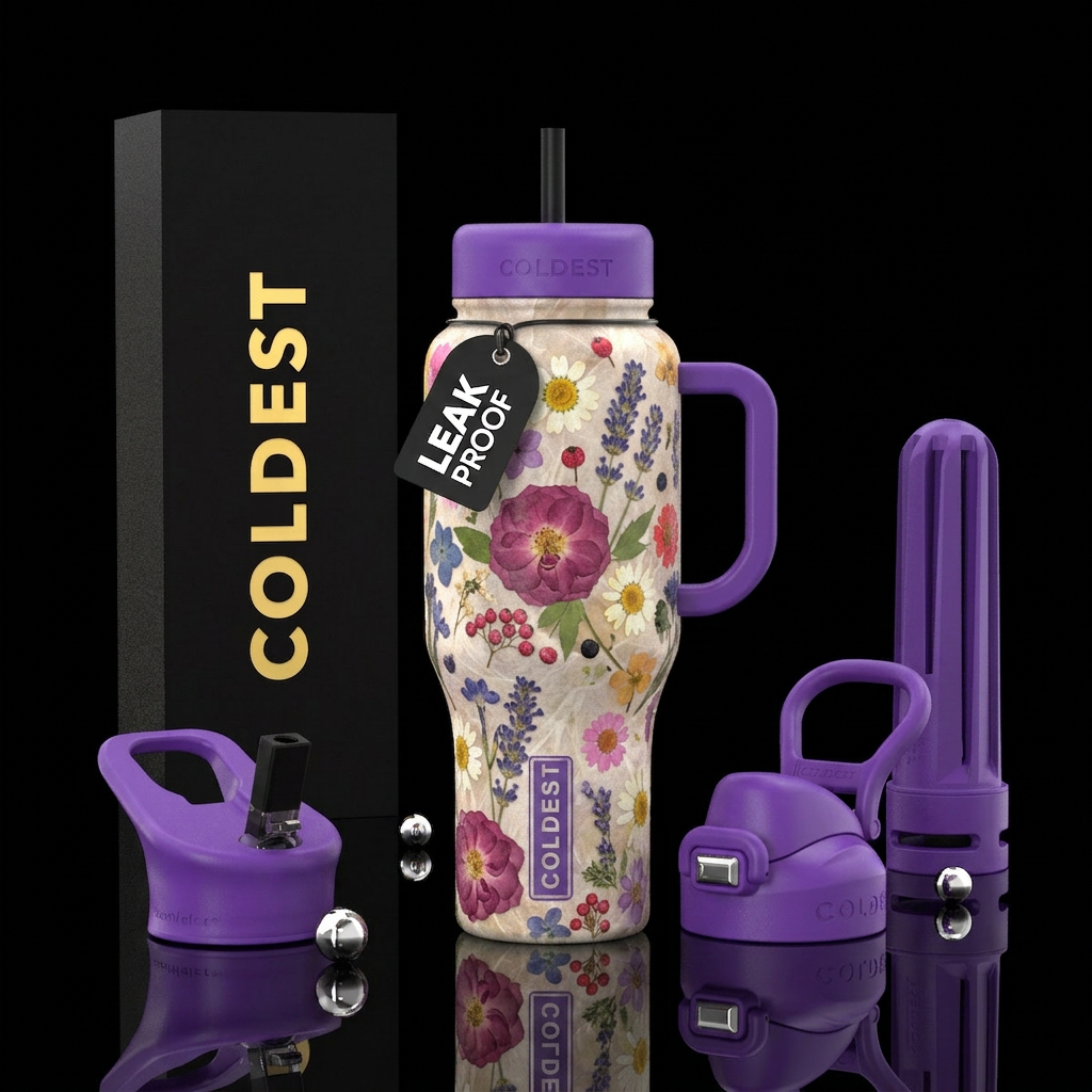 Pressed flowers water bottle design