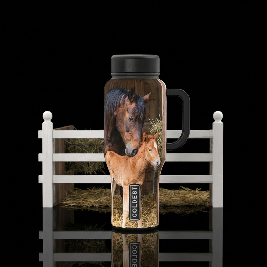 Realism, well groomed Horse barn and stalls, white... water bottle design