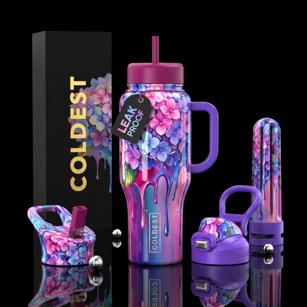 Hydrangea Macrophylla, colorful, abstract, gleamin... water bottle design