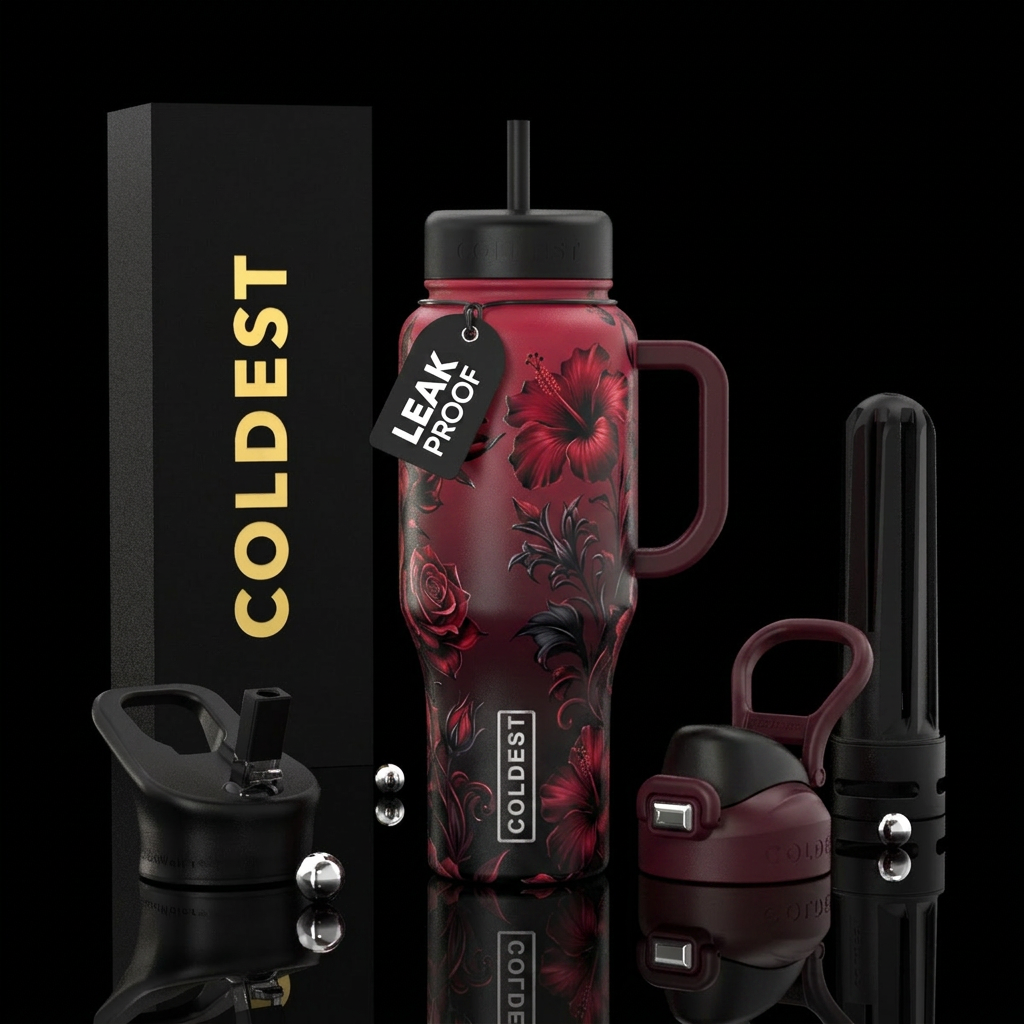 Wine red, maroon, black onyx, ombre, floral, water bottle design