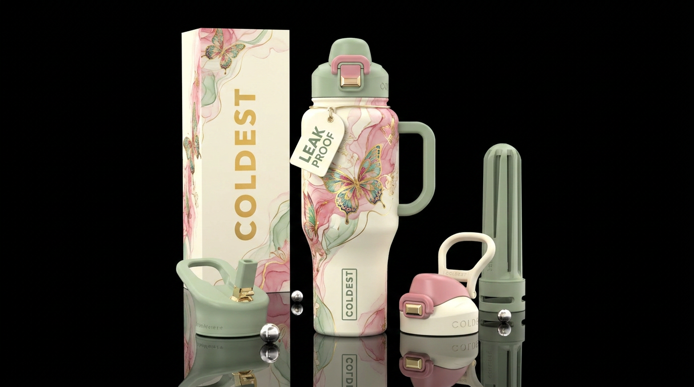 Gold butterfly floral water bottle design