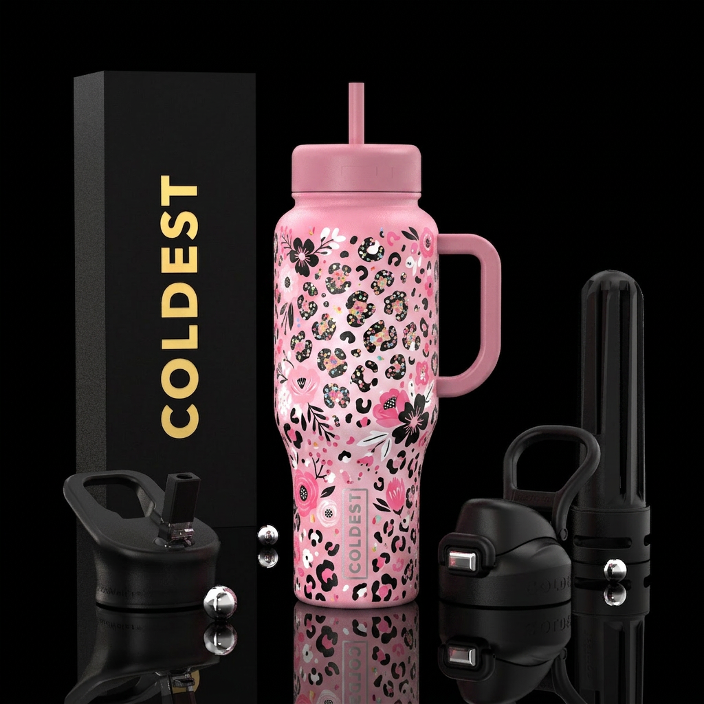 Flower-fetti leopard water bottle design