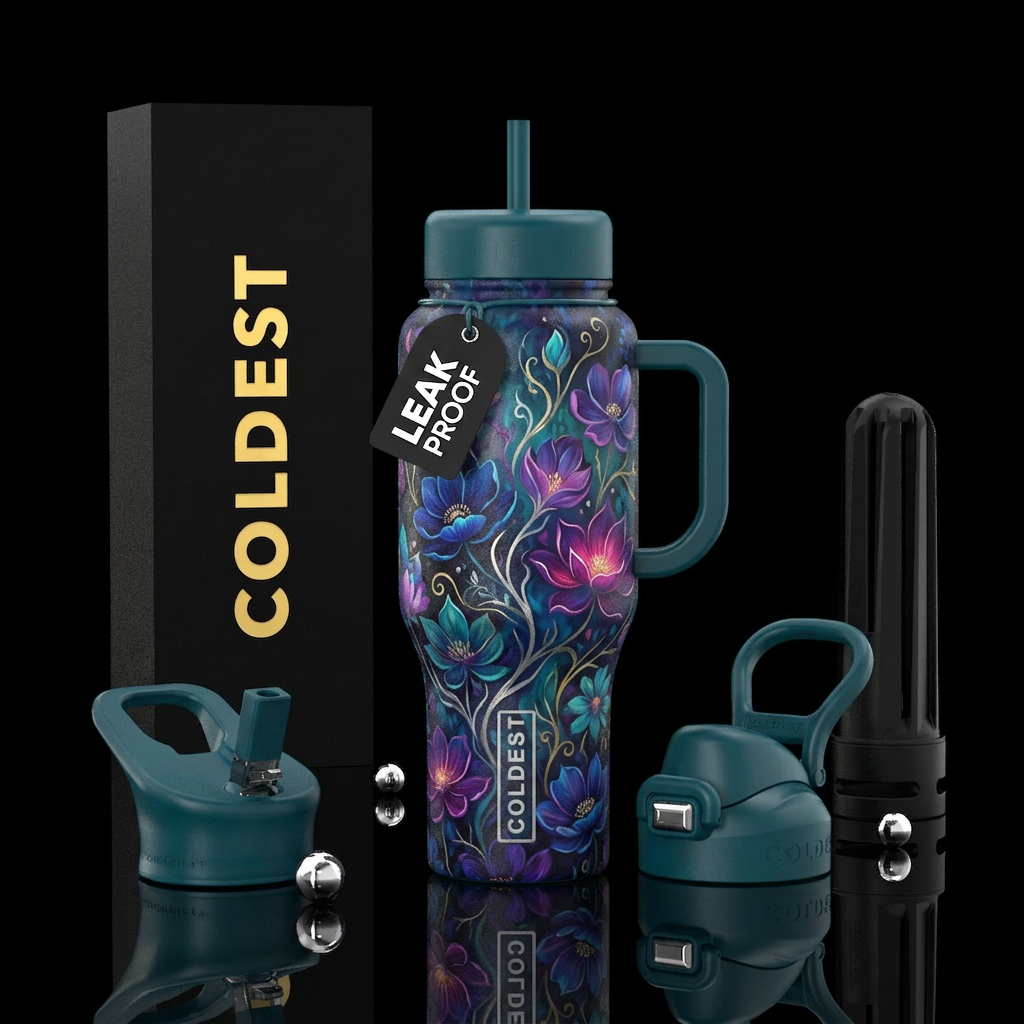 Mystical painted flowerbed water bottle design