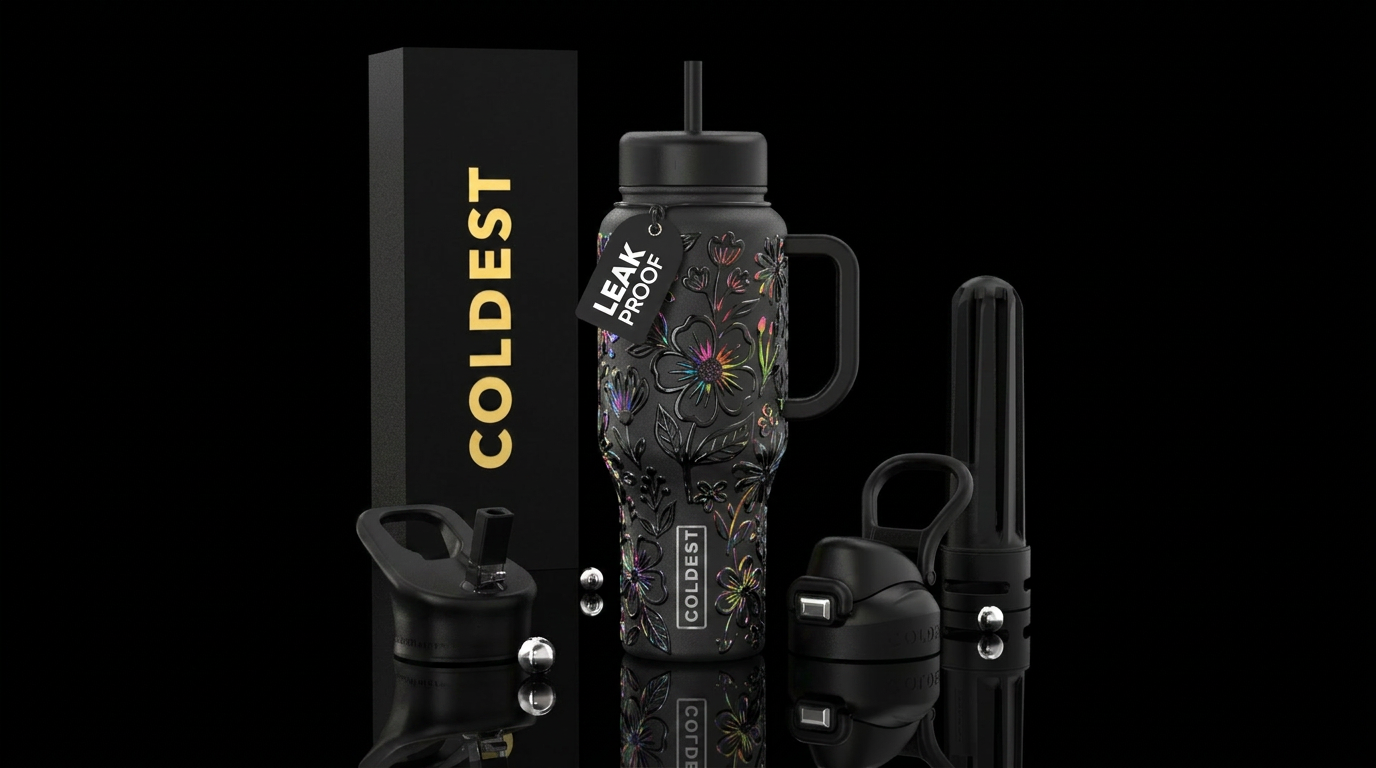 Matte black bottle, glossy hand drawn black raised... water bottle design