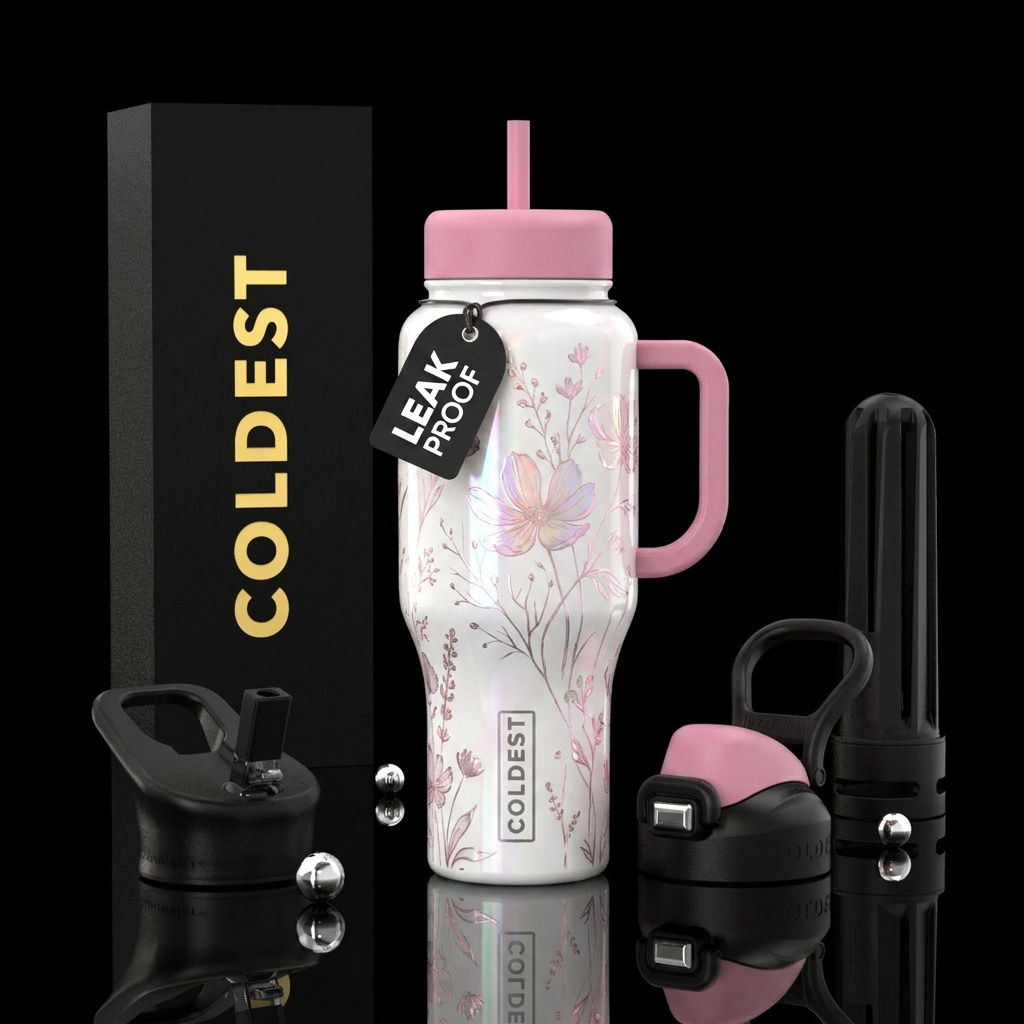 White glossy bottle with pink irredescent florals,... water bottle design