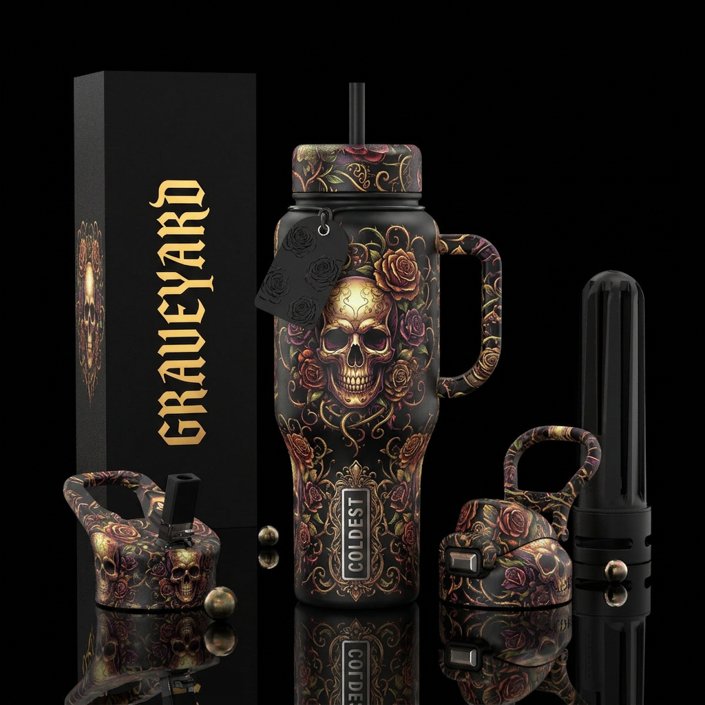 Halloween, skulls and dead roses, gothic. water bottle design