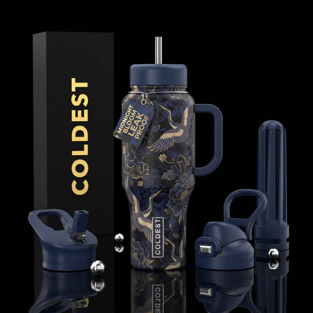 Midnight bloom, cranes in flight, dark floral, abs... water bottle design