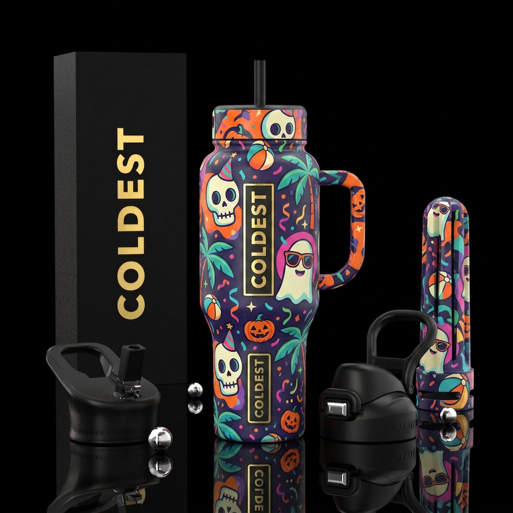 Summerween, Halloween, summer fun, mix it up, abst... water bottle design