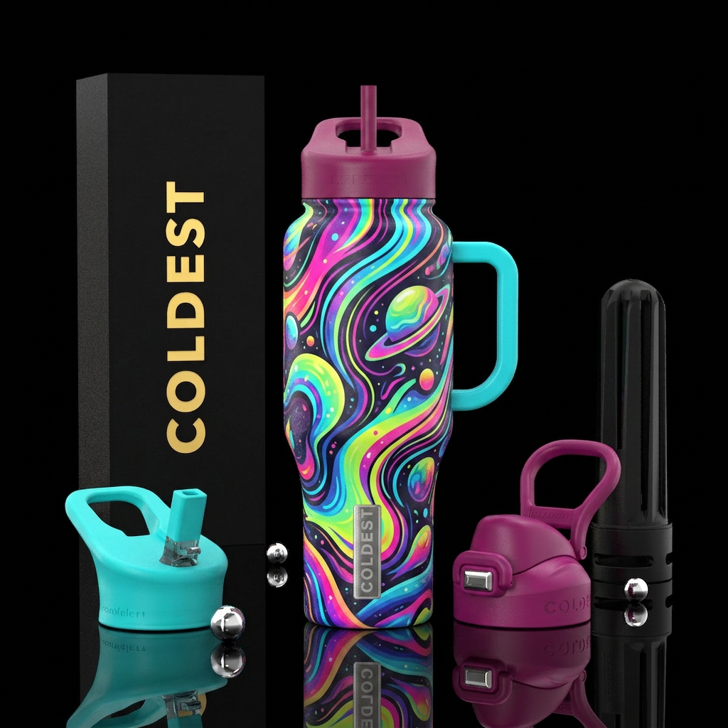 Out of this world, fun colors, abstract water bottle design