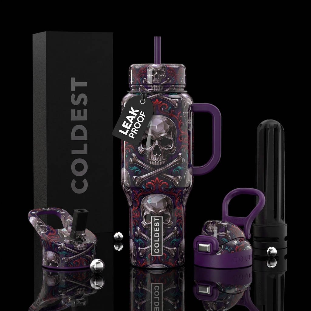 Skulls, crossbones, glassy, stylish goth water bottle design