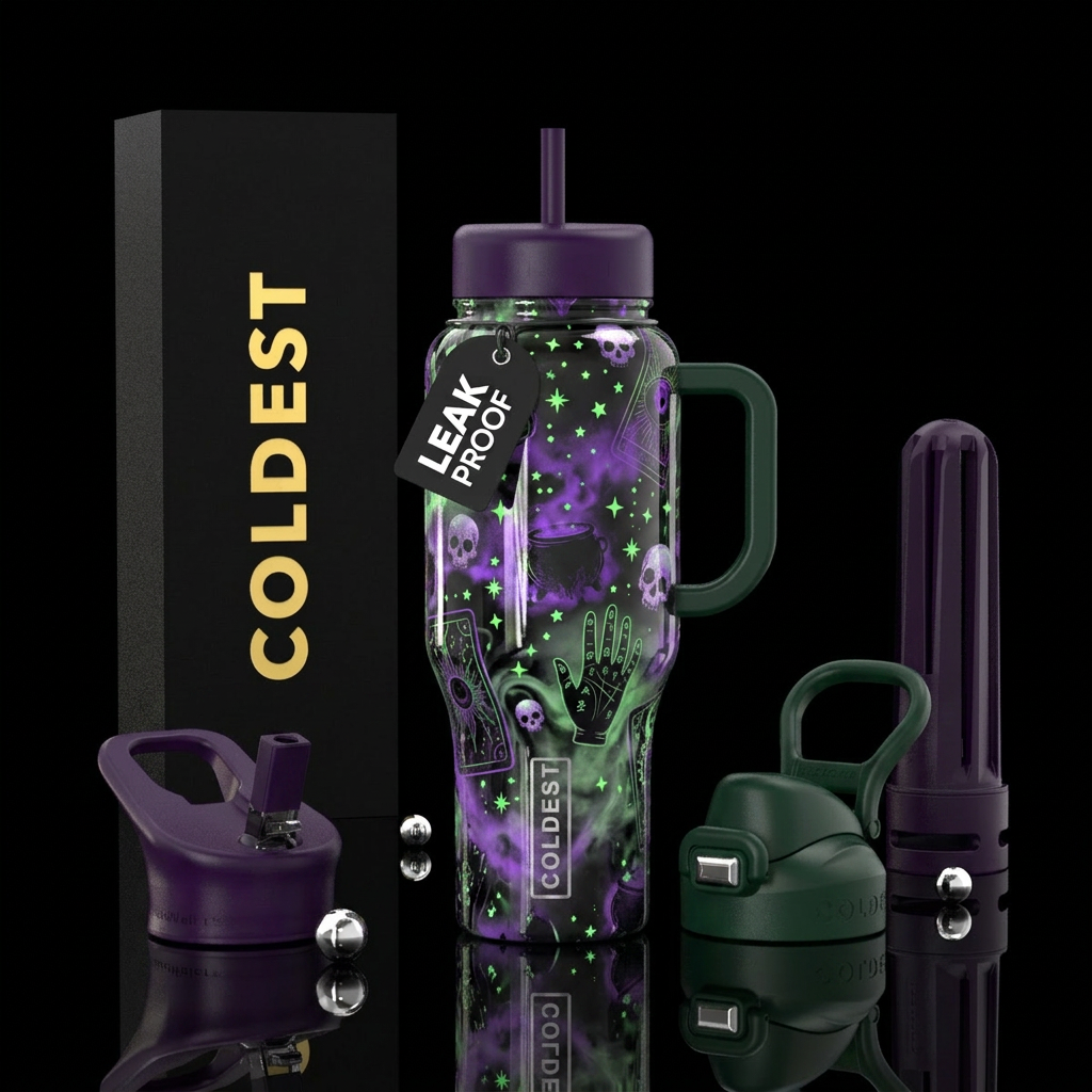 Neon green glow in the dark tiny stars, Purple vex... water bottle design