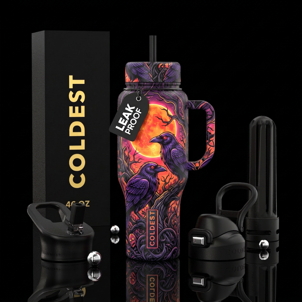 Large purple black ravens with red evil eyes, Neon... water bottle design