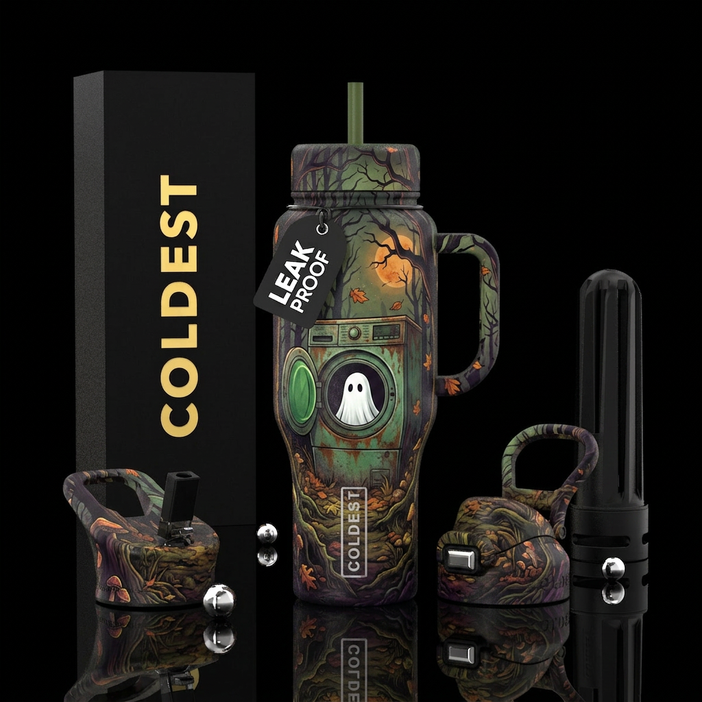 Old front loading washing machine in spooky forest... water bottle design