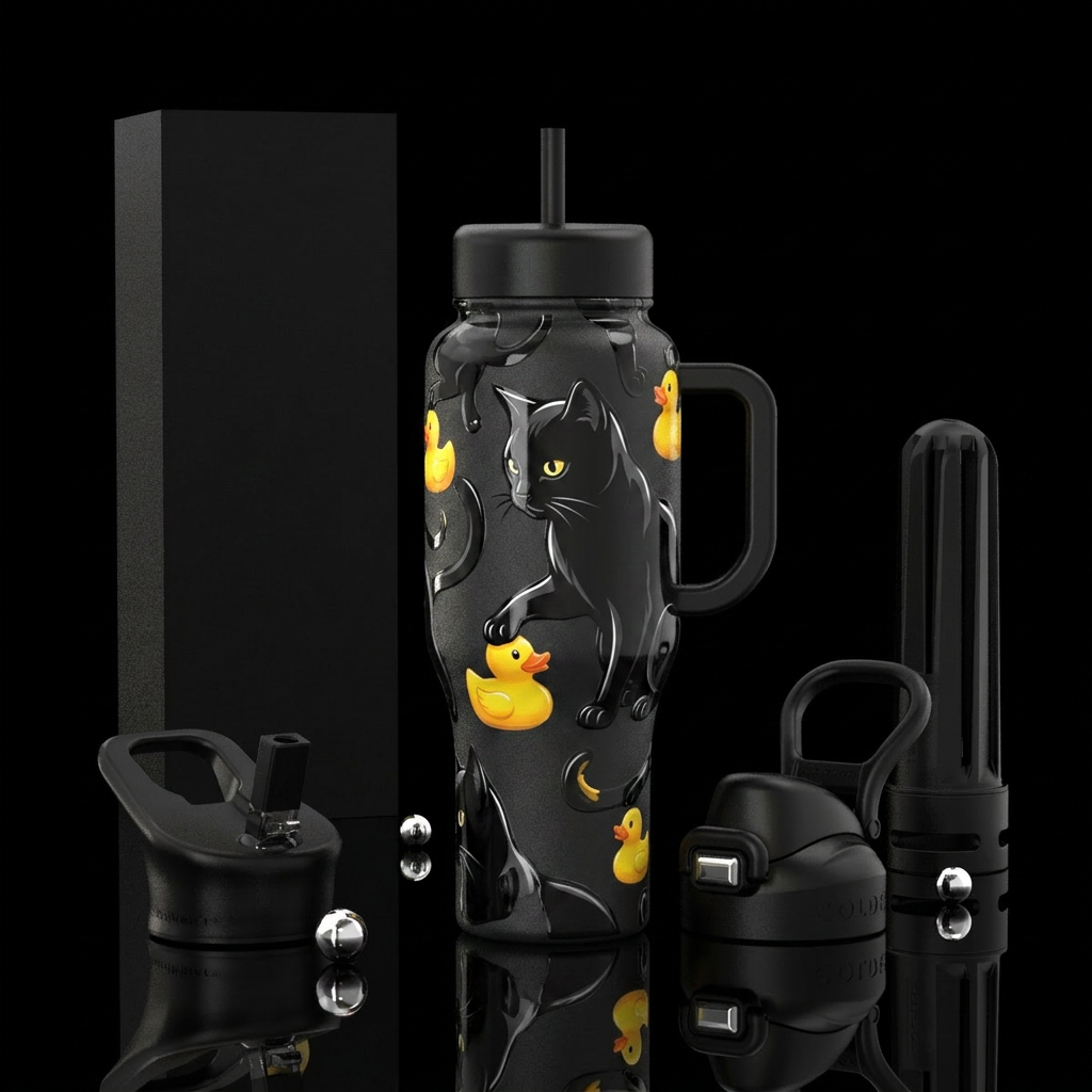 Black cat on glossy black cat, yellow rubber duck ... water bottle design
