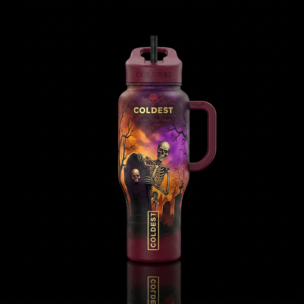 Colorful Halloween colors, ombre, black trees, cem... water bottle design