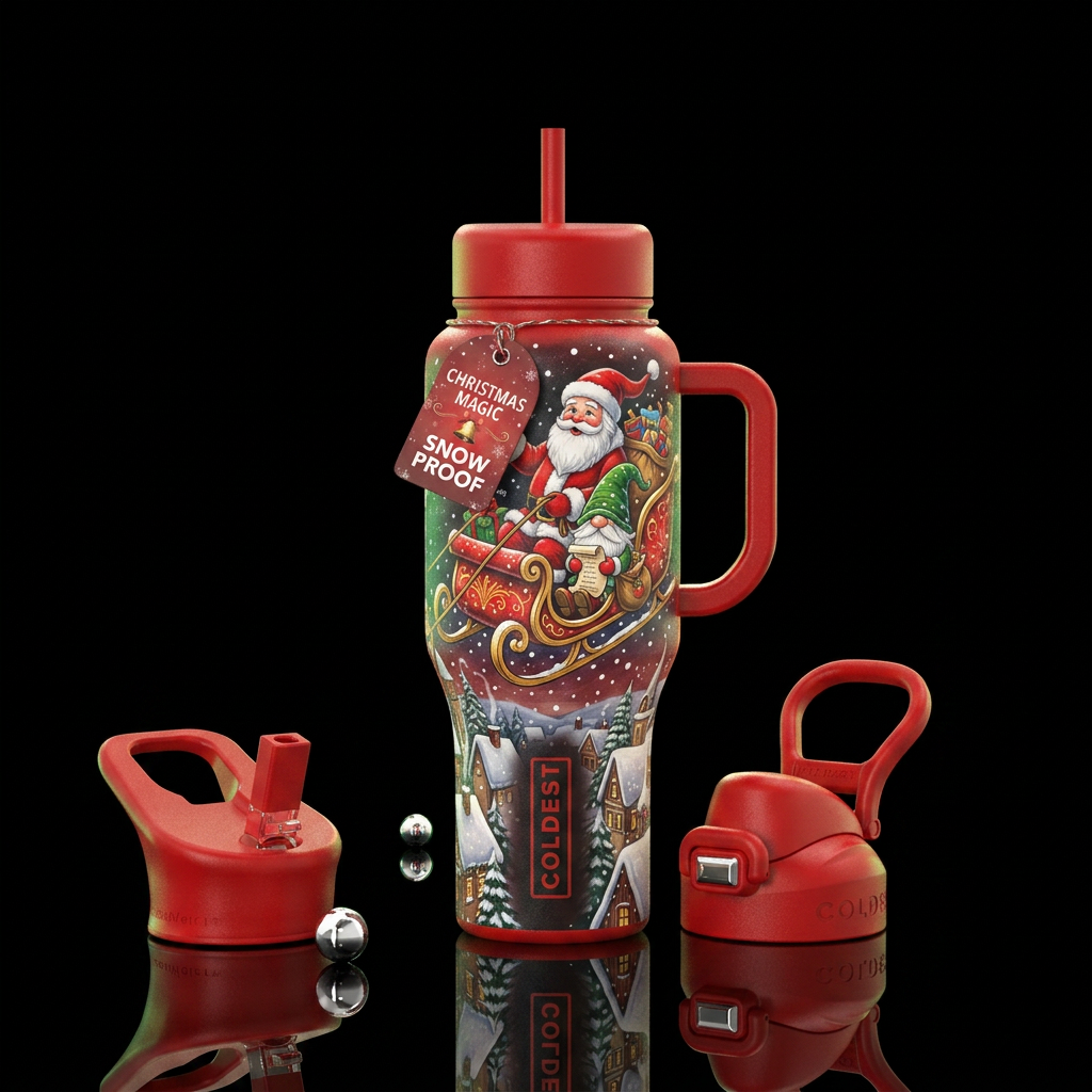 Gnome and Santa Christmas water bottle design