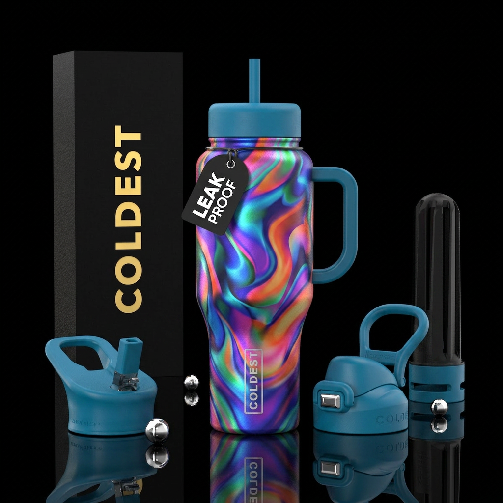 dreams in color, abstract, colorful, mesmerizing water bottle design