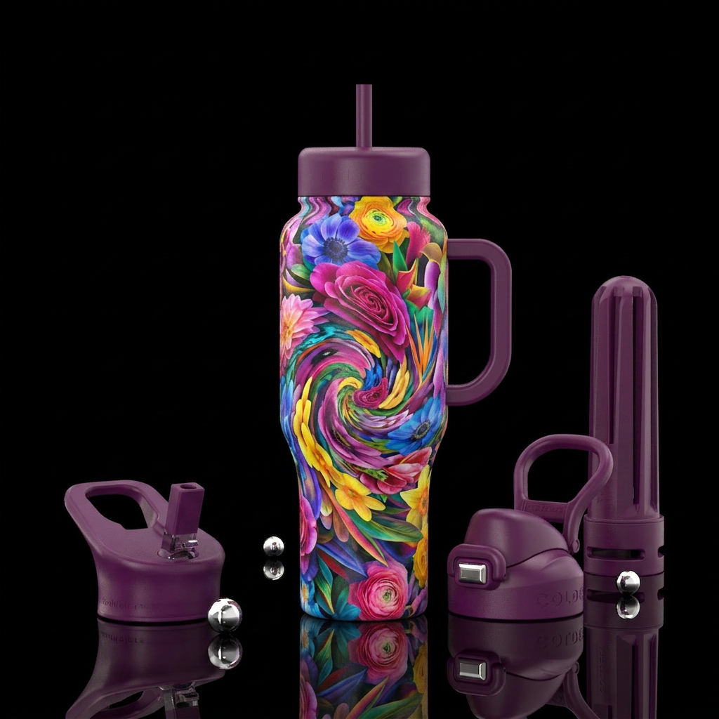 Realism, Floral spinner dreams in color, abstract,... water bottle design