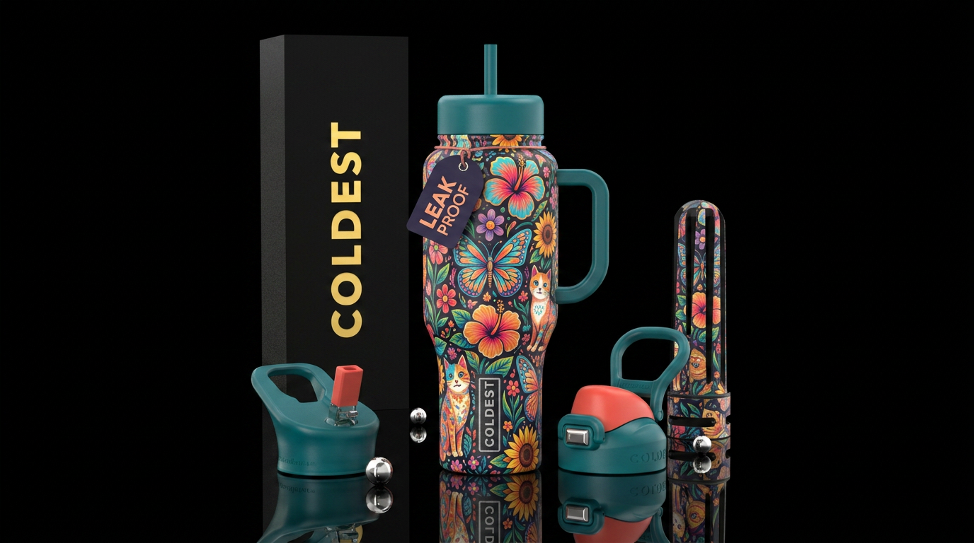 Butterflies, flowers and cats water bottle design