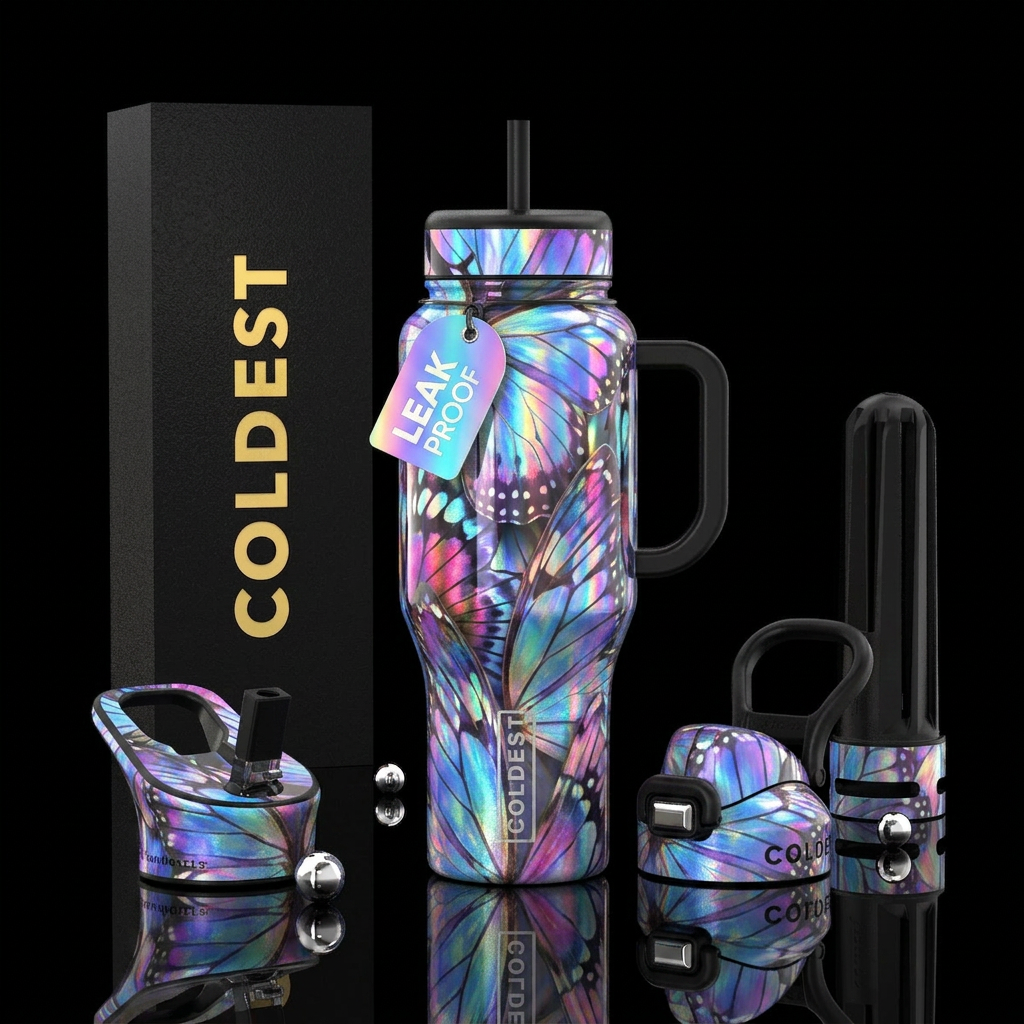 Glossy black bottle, different angles, bold, Holog... water bottle design