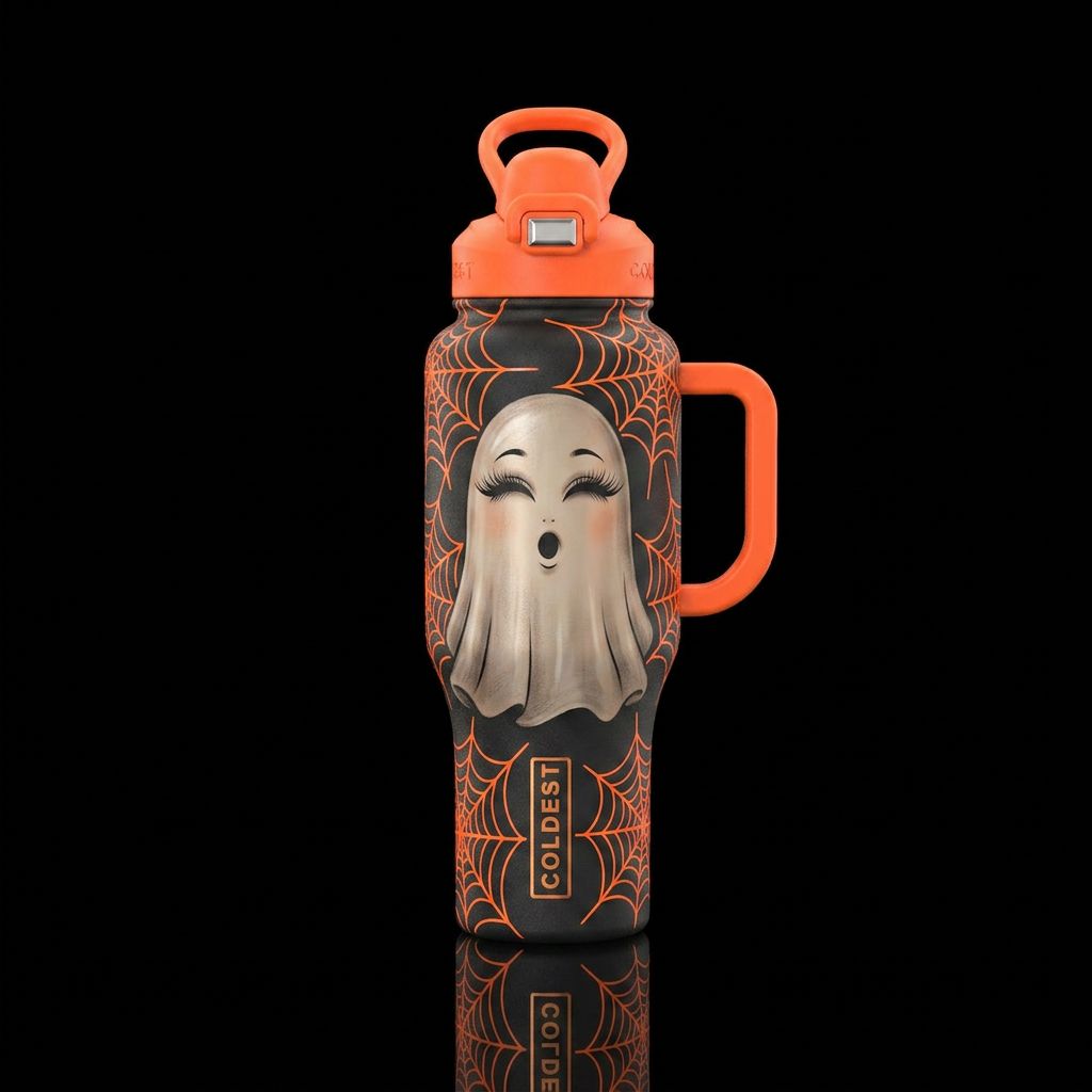 Girl ghost, all white bottle, long eye lashes, mou... water bottle design