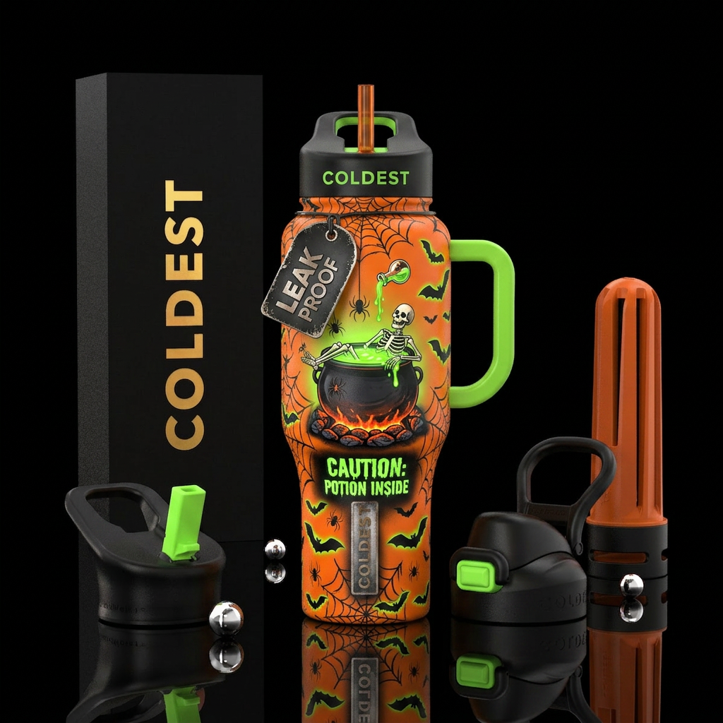 Spider webs, spiders, neon green and black bats, O... water bottle design