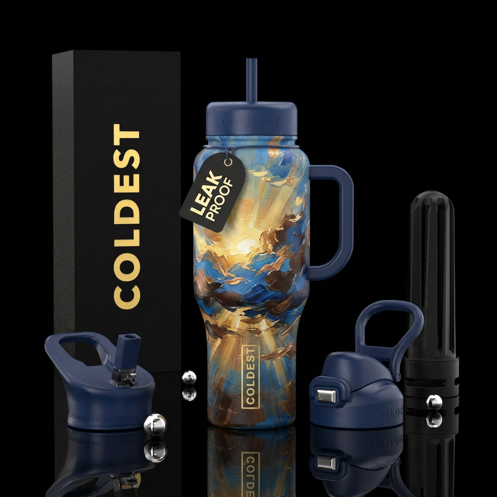 Sky scape, sunny, sun rays, Bronze, nightlight blu... water bottle design
