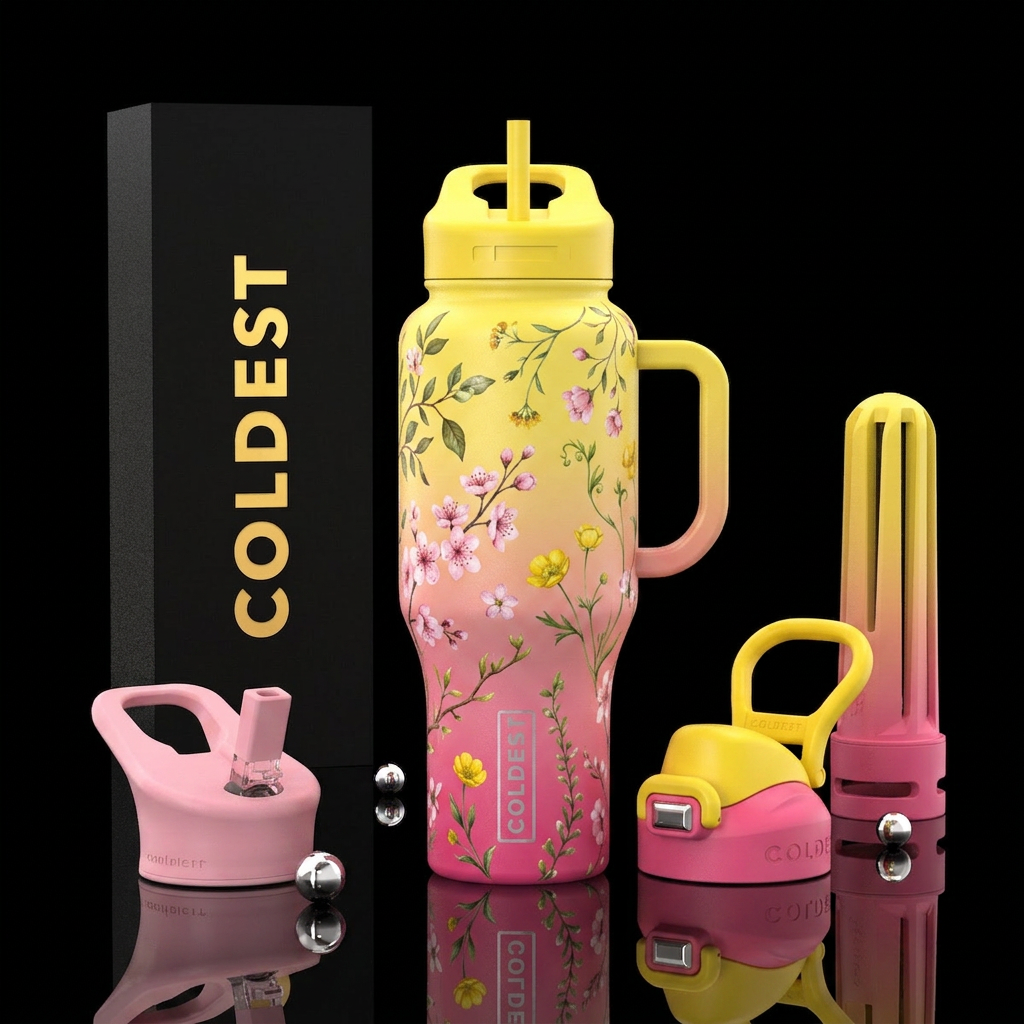 Floral Sprigs, spring, new growth, full, pink and ... water bottle design