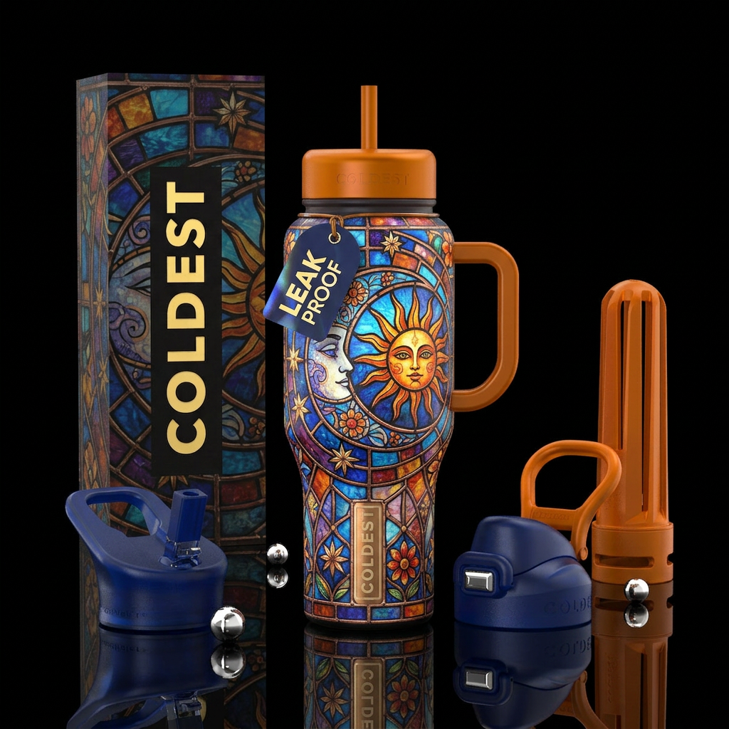 Moon sun bohemian stained glass, water bottle design