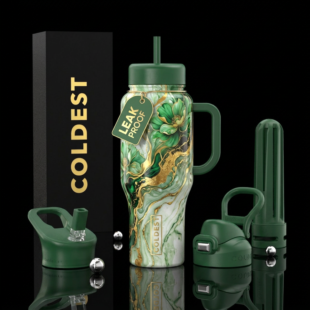 Green floral, gold, marble, liquid, white, ancient... water bottle design