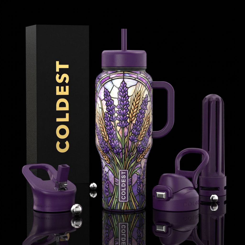 Golden wheat and lavender water bottle design