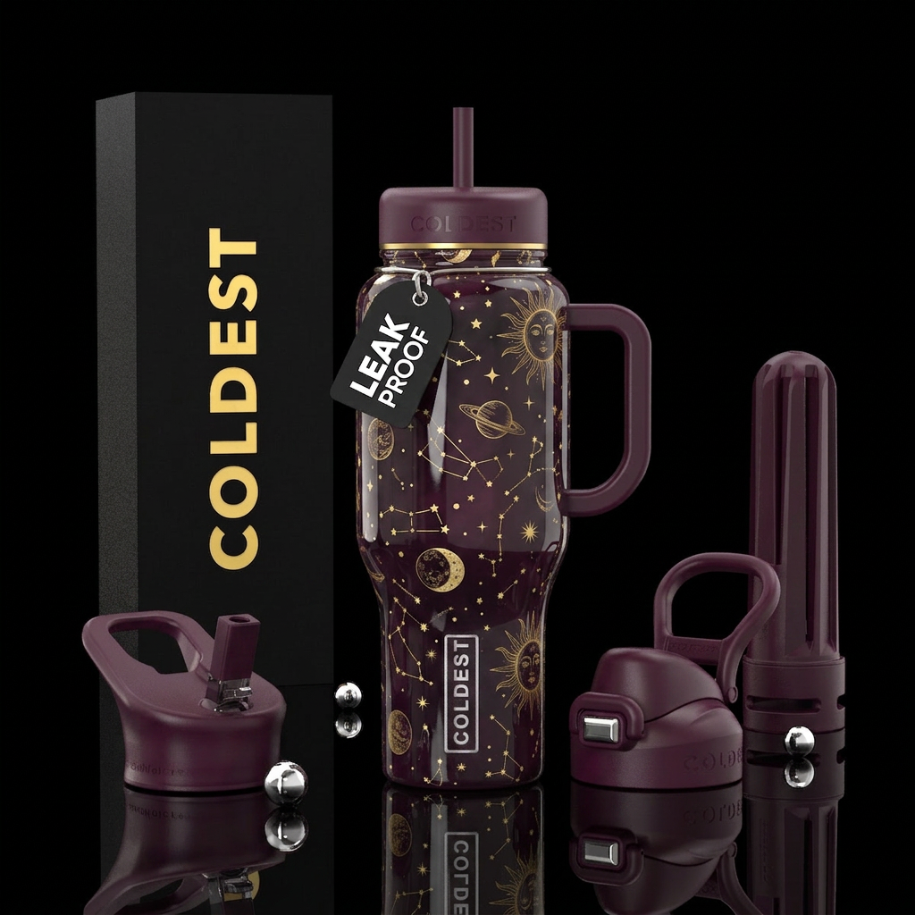 Celestial Star Map, glossy, dark, shiny, deep plum... water bottle design