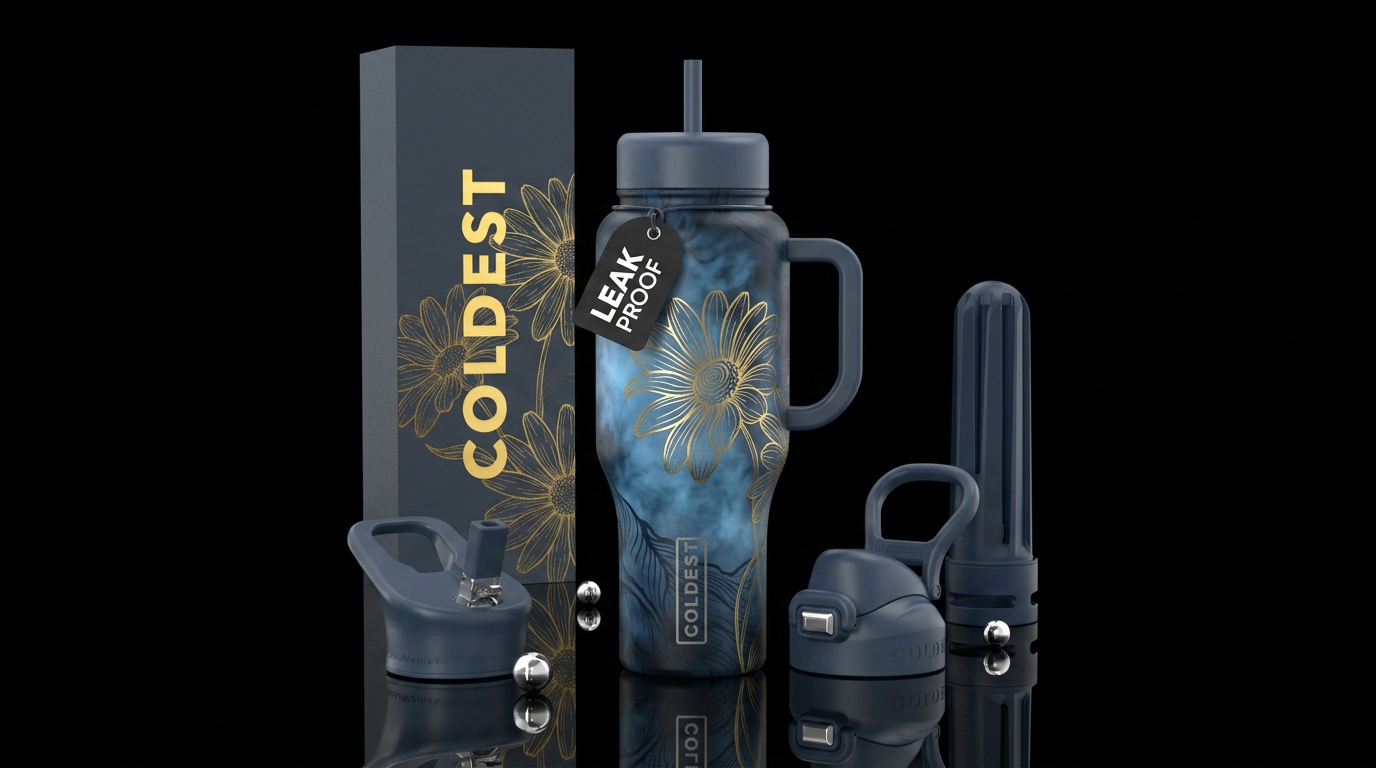 Dramatic, Slate Blue bottle, dramatic daisy gold l... water bottle design