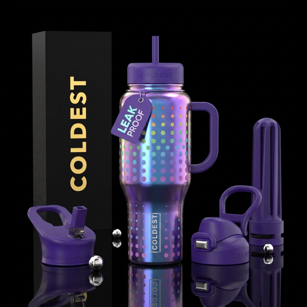 Smooth violet bottle, iridescent, evenly spaced pl... water bottle design