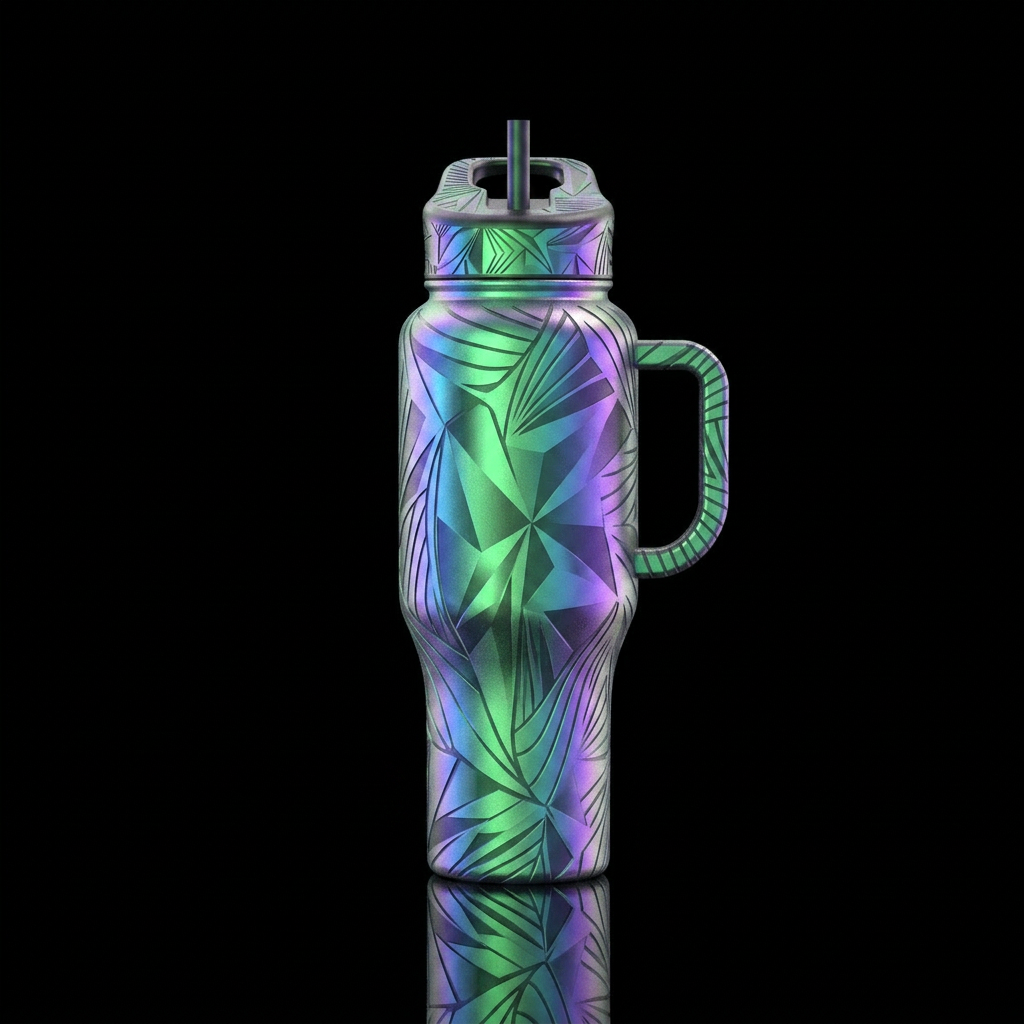 Laser engraved sections shine, blend green blue an... water bottle design