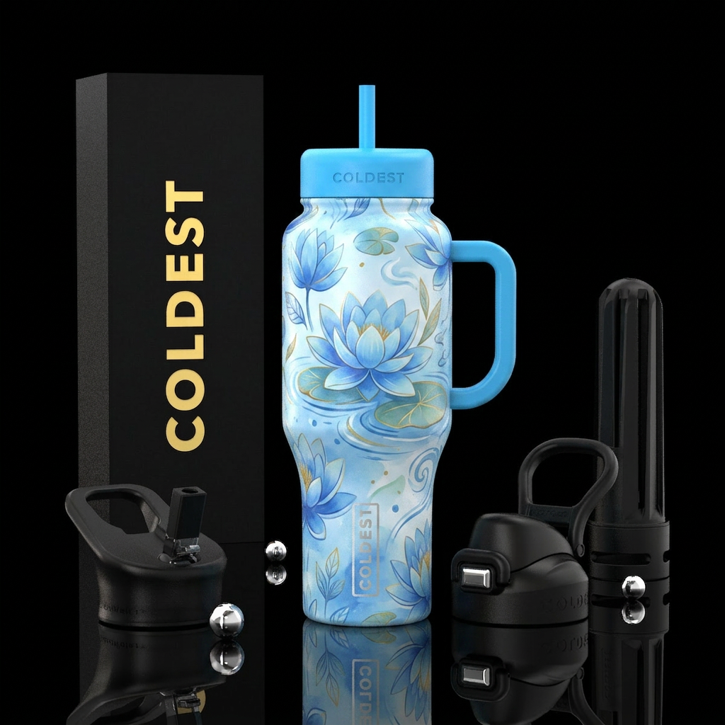 Kawaii blue water lily water bottle design