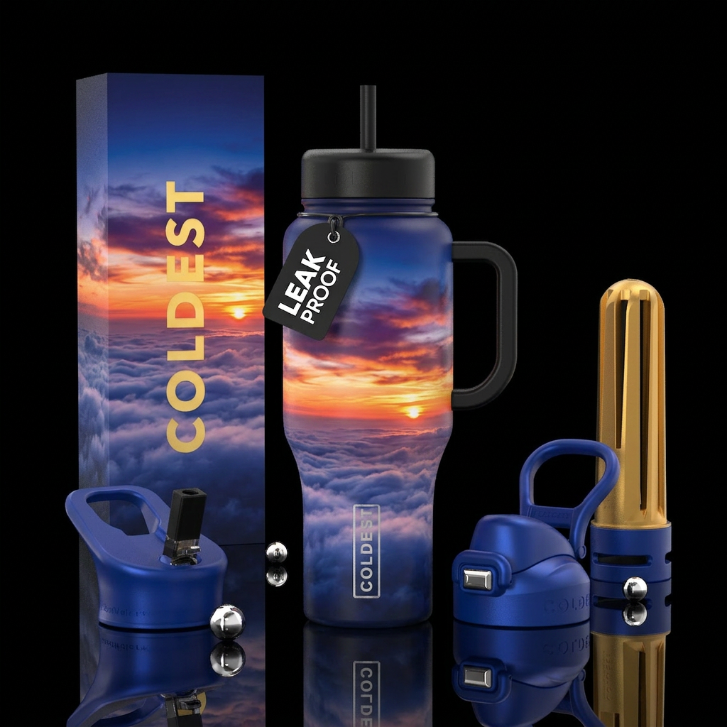 Drifting high above the clouds, deep blue sky, set... water bottle design