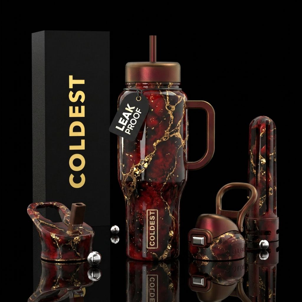 Bleeding Red, Onyx, Gold water bottle design