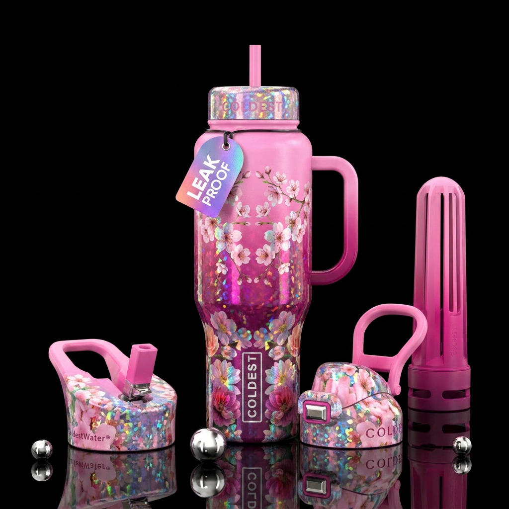 Holographic Sakura, mirrored colored florals, pink... water bottle design