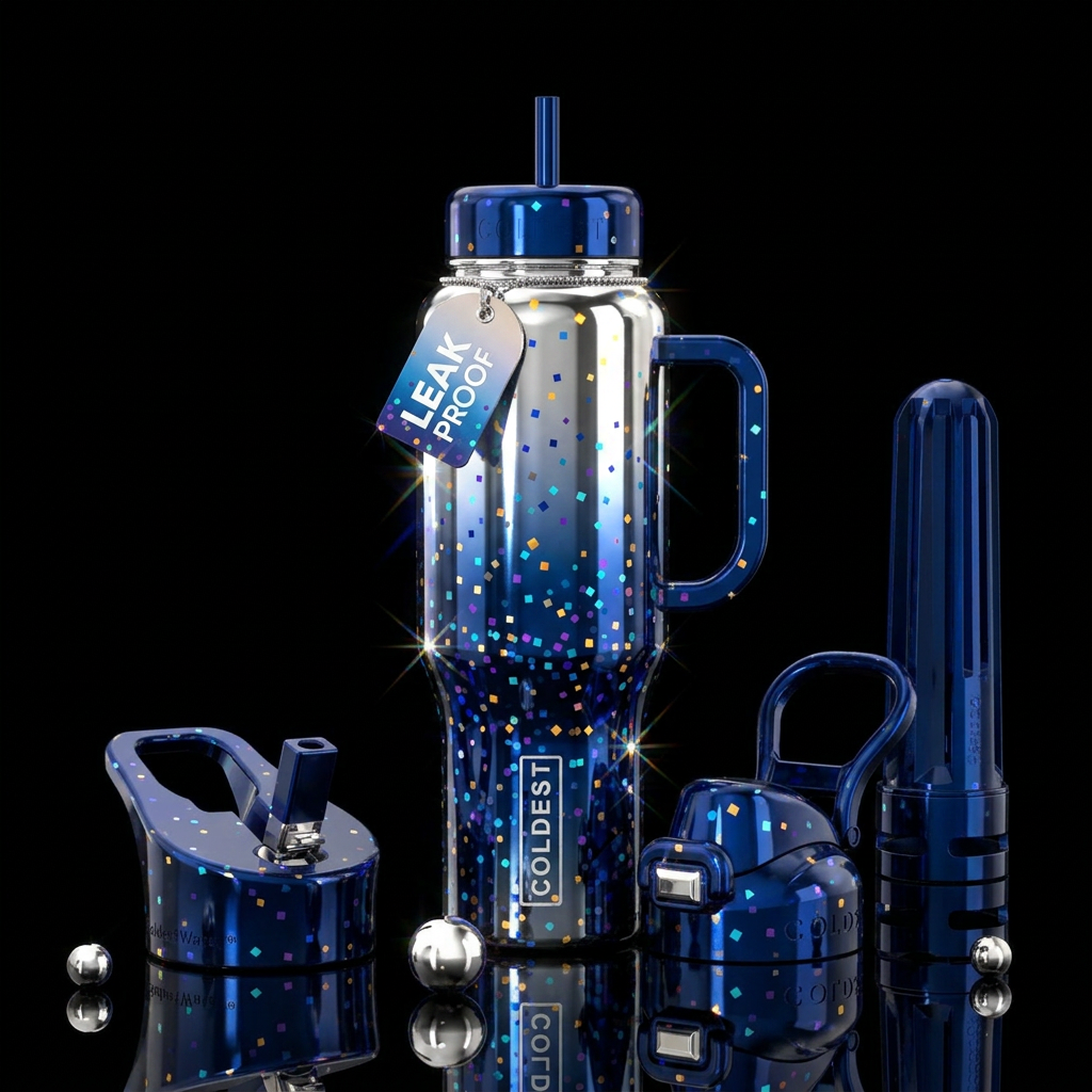 Night Sparkle, square confetti in bold colors, mid... water bottle design
