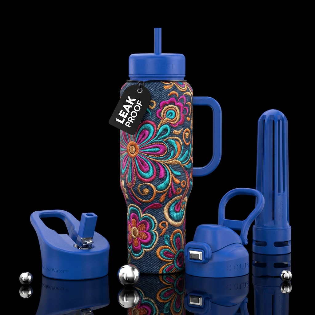 Remove large coldest, Groovy Floral, denim look, b... water bottle design