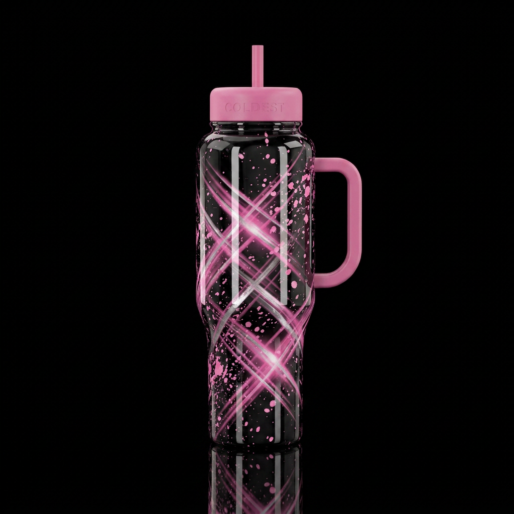 Black glossy bottle with pink and silver beams of ... water bottle design