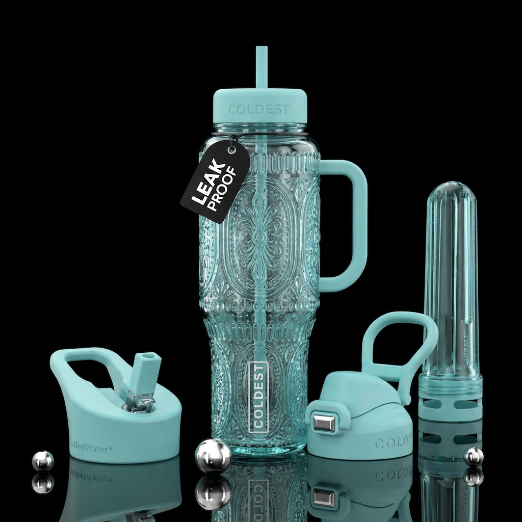 Depression glass, light blue green, detailed, fanc... water bottle design