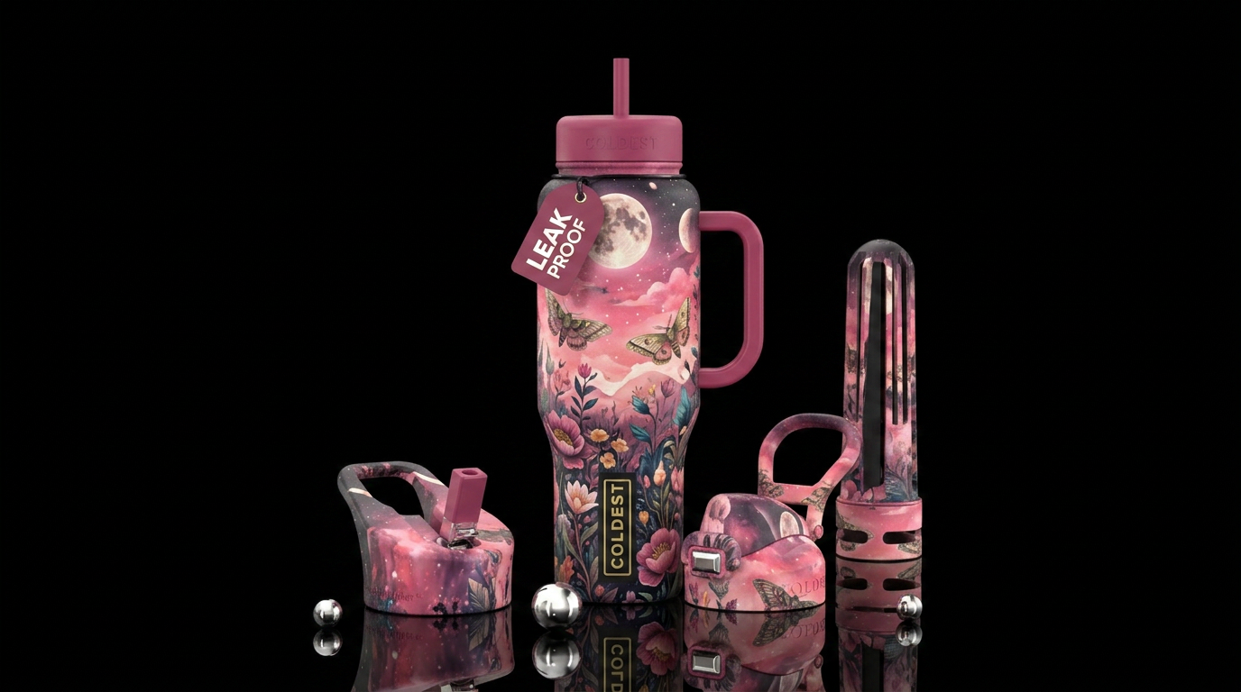 Into the night, moons, moths, pink sky and florals... water bottle design