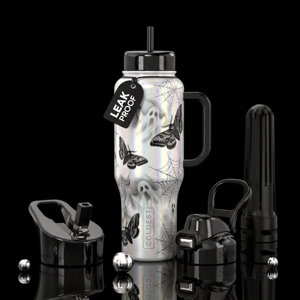 White and black Halloween water bottle design