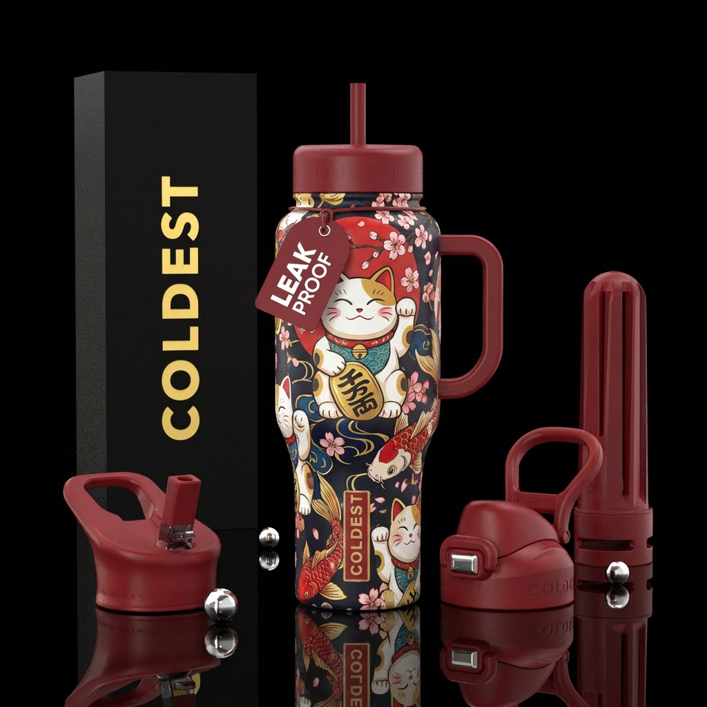 Japanese cat artwork water bottle design