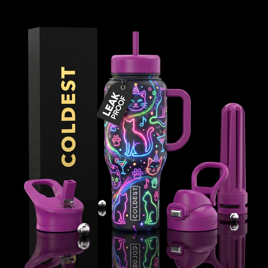 Glow cat party, vibrant, colorful water bottle design