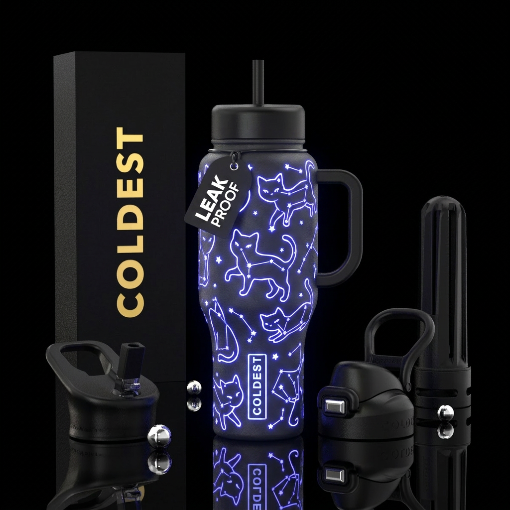 Neon glowie cat constellations water bottle design