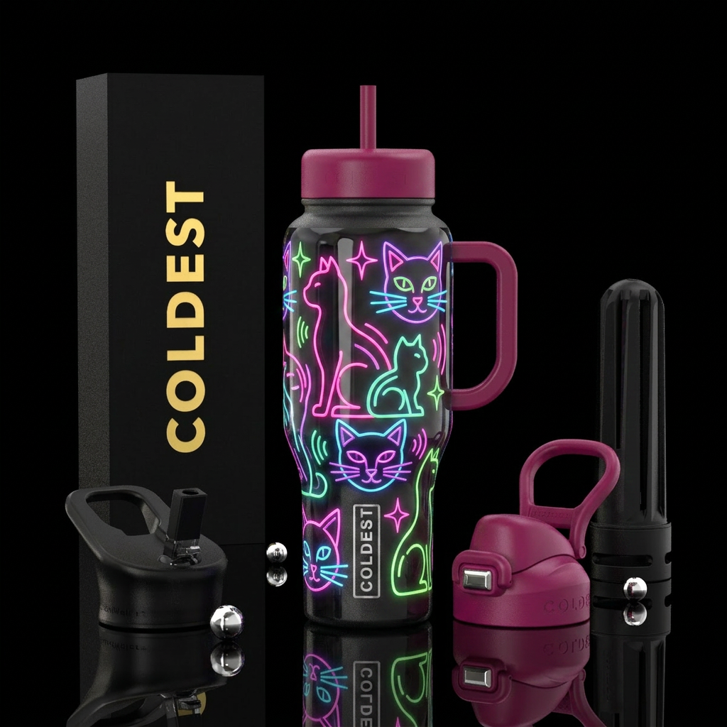 Retro vibes, cats, neon, vibrant water bottle design